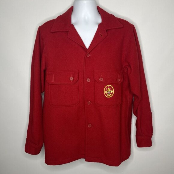 Vintage 80s Boy Scouts BSA Official Jacket Red Wool Jac-Shirt Shacket Ja…